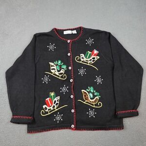 B.P. Design Sweater Womens Large Black Christmas Sleigh Snowflake Cardigan